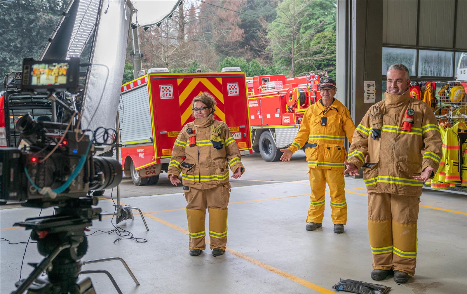 CFA members Elissa Jans, Steve Walker and Scott Allison filming at Sassafras - Ferny Creek station