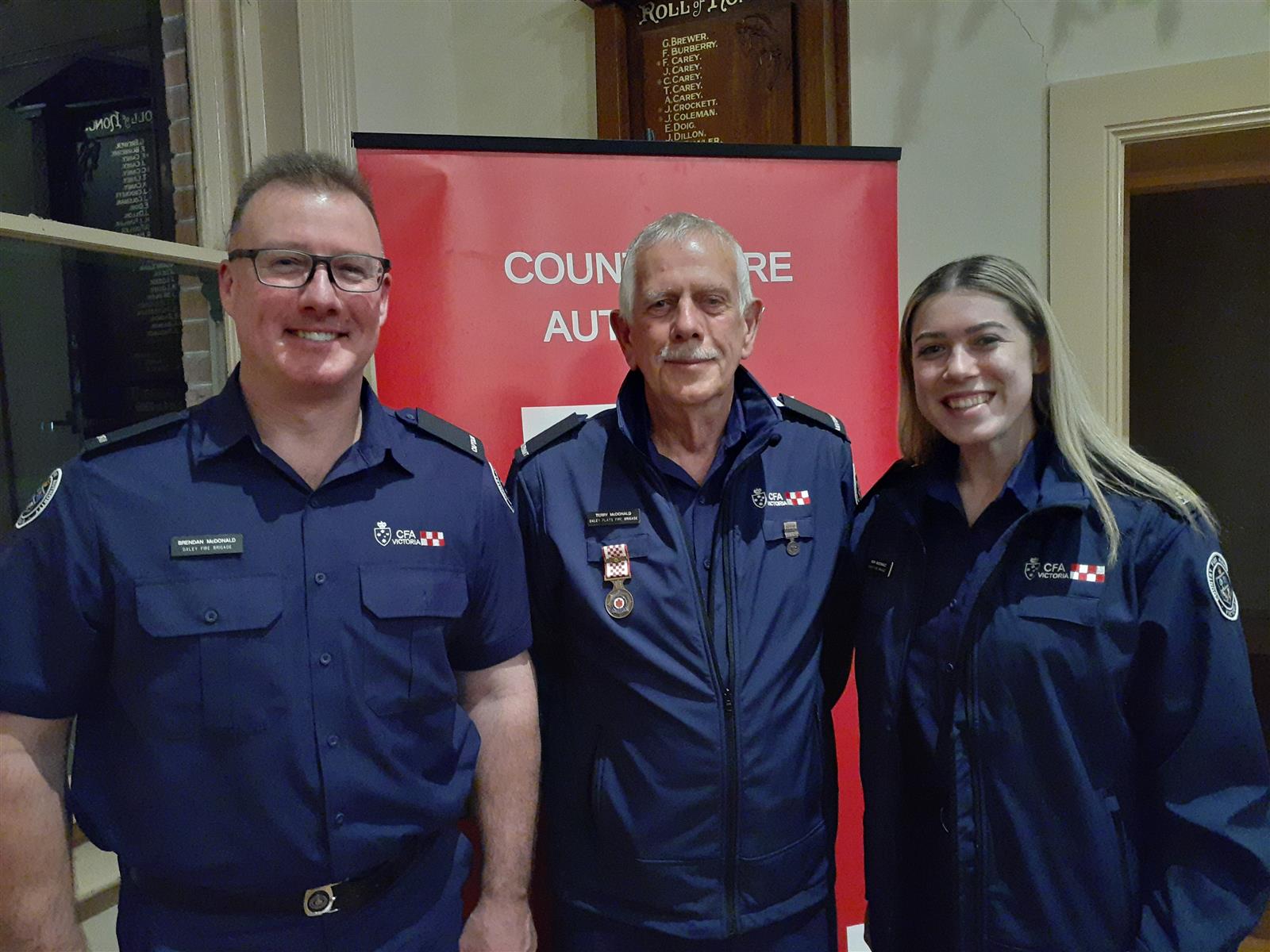 Three members of the McDonald family are active in Oxley brigade - ex Oxley Flats Captain Terry (grandfather); New Oxley Captain Brendan (son) and Firefighter Rori (daughter/granddaughter). Three members of the McDonald family are active in Oxley brigade - ex Oxley Flats Captain Terry (grandfather); New Oxley Captain Brendan (son) and Firefighter Rori (daughter/granddaughter).
