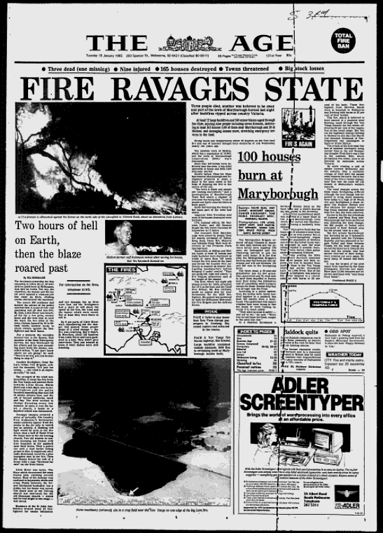Front page of The Age newspaper, 15 January 1985