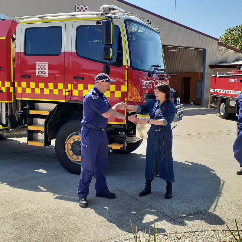 Romsey Fire Brigade Captain Nic Needham receiving the keys to the new tanker