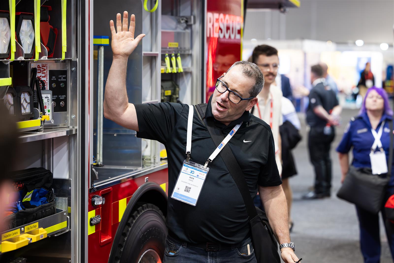 Rick Owen showcasing the new Cohuna Hino Rescue Appliance at the 2024 AFAC Conference