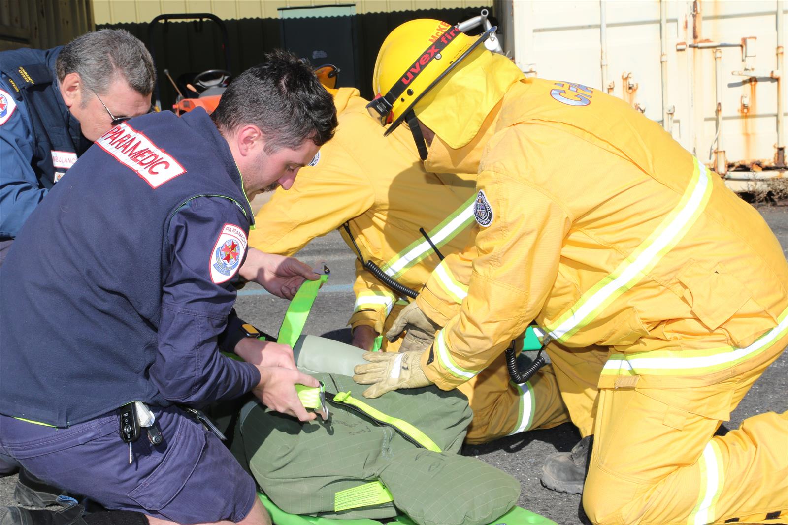 Ambulance Victoria members participated at the South Gippsland Group of Fire Brigade’s special training exercise at Barry Beach Terminal, sharing equipment techniques, safe lift of patients and key information they require when attending an incident
