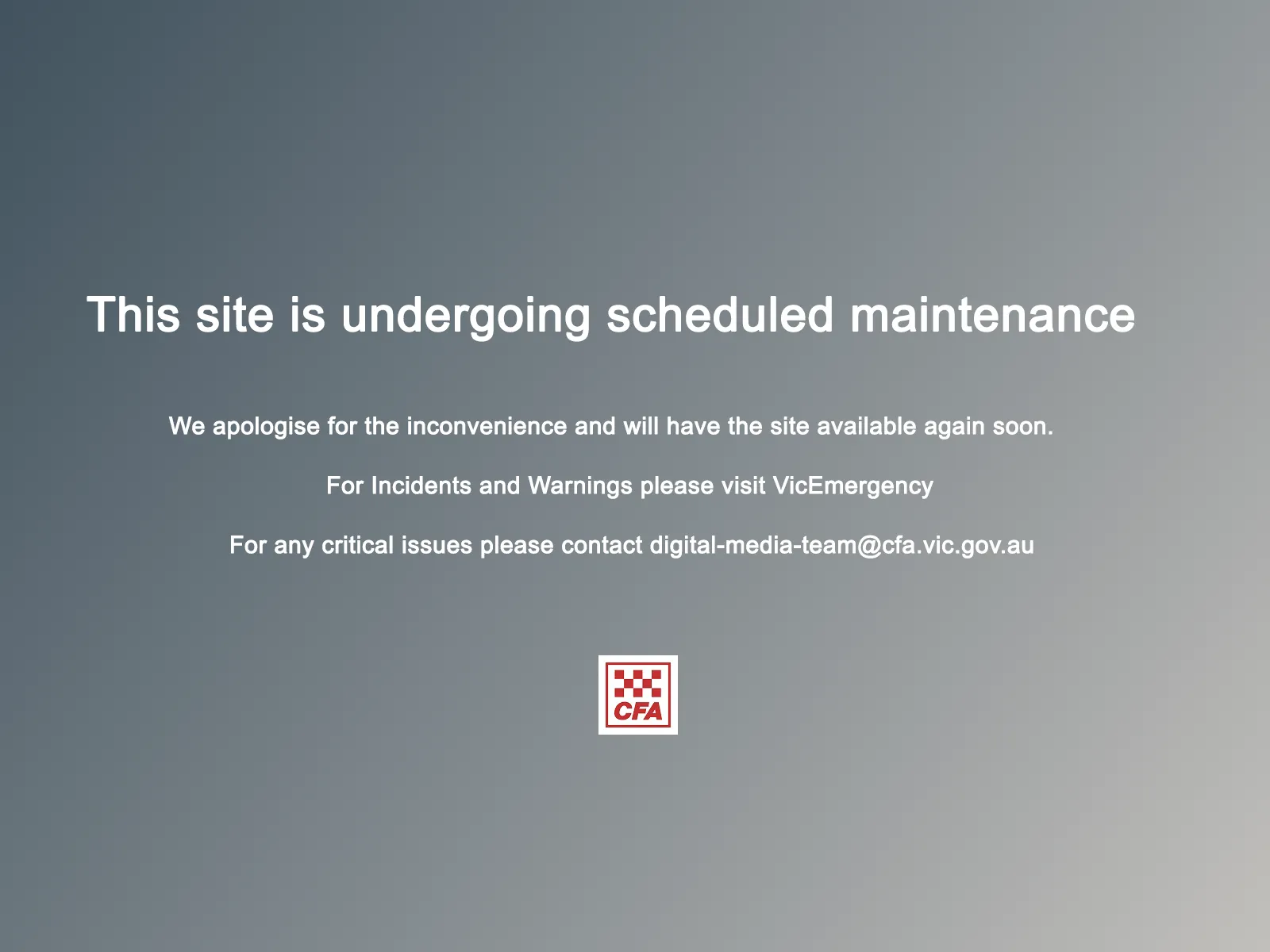 Message visitors will see during the outage
