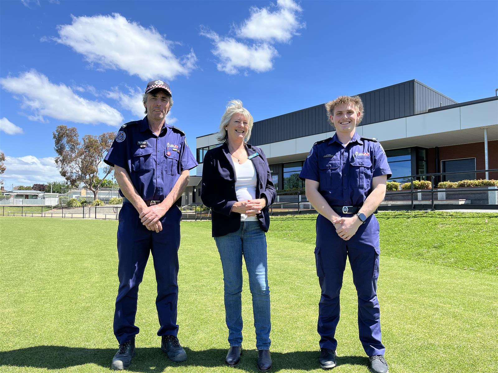 Stawell brigade Captain Mal Nicholson, Northern Grampians Shire Mayor Karen Hyslop and Stawell brigade firefighter Jai Smith