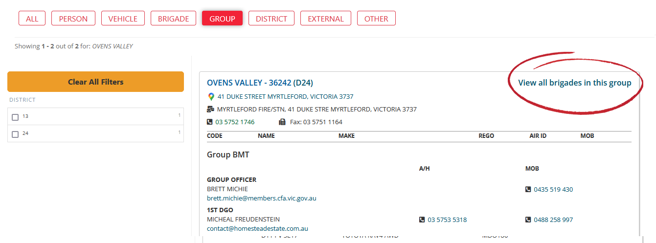 View all brigads in this group button is circled in red at the top right of each individual group card